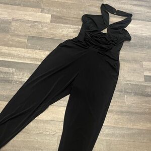 Guess Black Buttoned Halter Jumpsuit Cinched Waist and Ankles